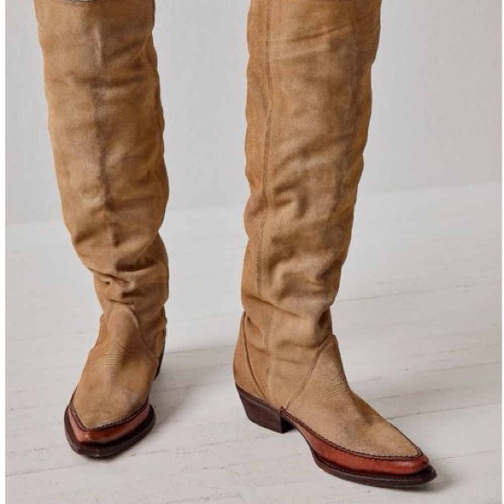NWOT Free People Sterling Tan Suede Knee High Western Boots Sz 36
